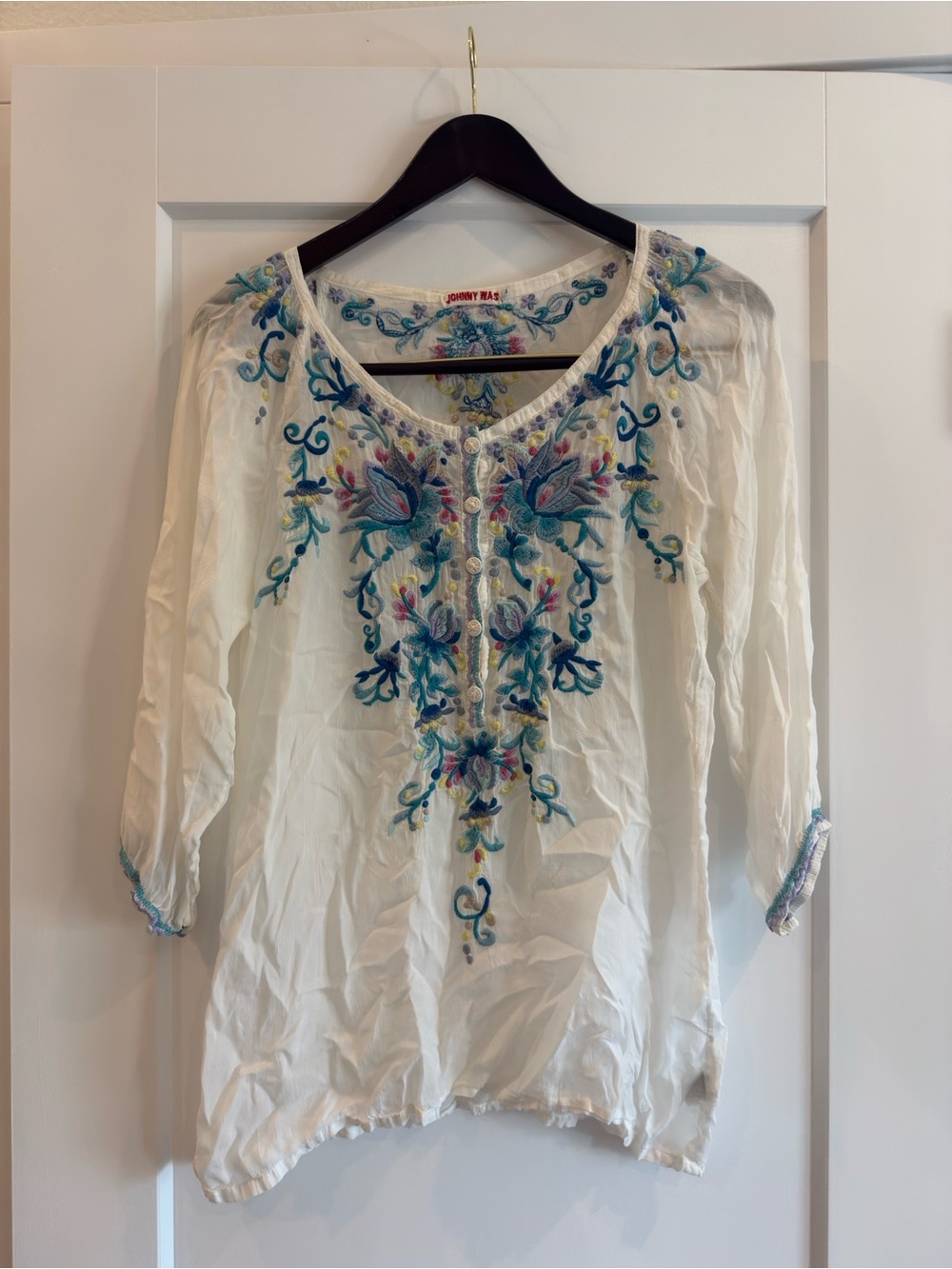 Johnny Was Cream Tunic with Blue and Teal Floral Embroidery